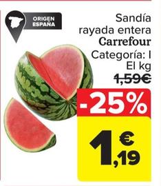Oferta de Carrefour - Sandía rayada entera  por 1,19€ en Carrefour