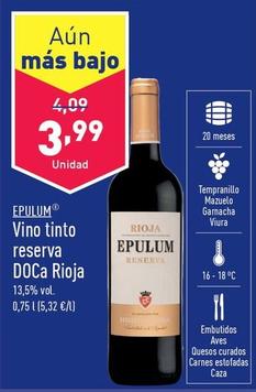 Oferta de Epulum - Vino Tinto Reserva DOCa Rioja por 3,99€ en ALDI