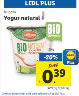 Oferta de Milbona - Yogur Natural por 0,39€ en Lidl