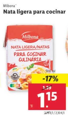 Oferta de Milbona - Nata Ligera Para Cocinar por 1,15€ en Lidl