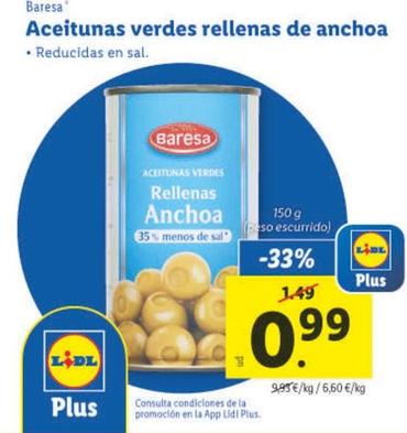 Oferta de Baresa - Aceitunas Verdes Rellenas De Anchoa por 0,99€ en Lidl