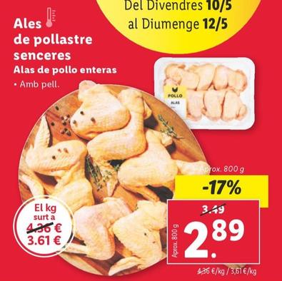 Oferta de Alas De Pollo Enteras por 2,89€ en Lidl