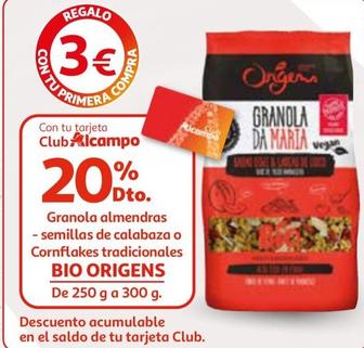 Oferta de Bio Origens - Granola Almendras - Semillas De Calabaza O Cornflakes Tradicionales por 3€ en Alcampo