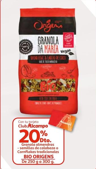 Oferta de Bio Origens - Granola Almendras - Semillas De Calabaza O Cornflakes Tradicionales por 3€ en Alcampo