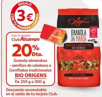Oferta de Bio Origens - Granola Almendras Semillas De Calabaza O Cornflakes Tradicionales por 3€ en Alcampo