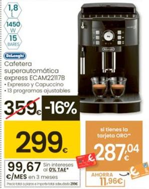Oferta de De'longhi - Cafetera Superautomática Express ECAM22117 por 299€ en Eroski
