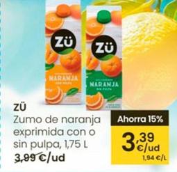 Oferta de Zu - Zumo De Naranja Exprimida Con O Sin Pulpa por 3,39€ en Eroski
