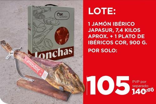 Oferta de Leyenda - Jamón Ibérico Japasur, 7,4 Kilos Aprox. + 1 Plato De Ibéricos Cor, 900 G. por 105€ en Alimerka