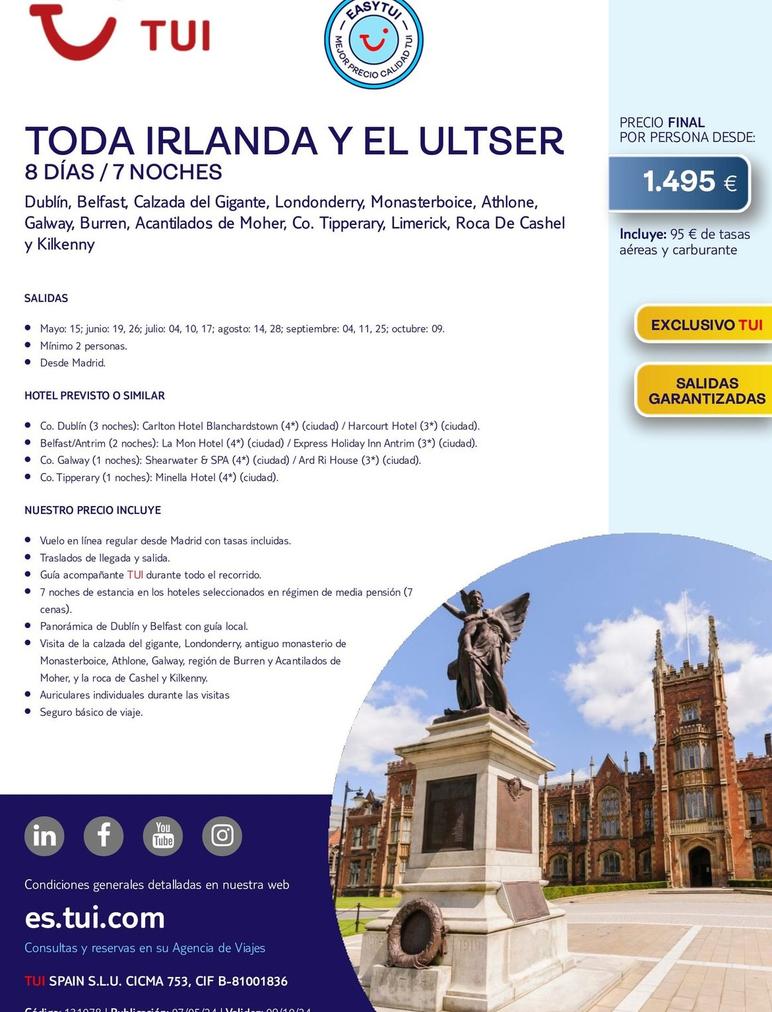 Oferta de Viajes a Irlanda por 1495€ en Tui Travel PLC