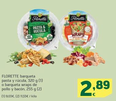 Oferta de Florette - Barqueta Pasta Y Rúcula O Barqueta Wraps De Pollo Y Bacón por 2,89€ en HiperDino
