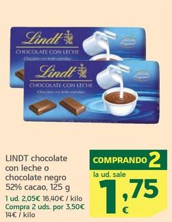 Oferta de Lindt - Chocolate Con Leche O Chocolate Negro 52% Cacao por 2,05€ en HiperDino