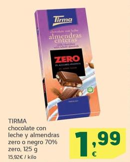 Oferta de Tirma - Chocolate Con Leche Y Almendras Zero O Negro 70% Zero por 1,99€ en HiperDino