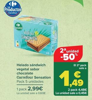 Oferta de Carrefour Sensation - Helado Sándwich Vegetal Sabor Chocolate  por 2,99€ en Carrefour