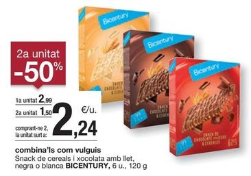 Oferta de Bicentury - Snack De Cereals i Xocolata Amb Llet, Negra o Blanca  por 2,99€ en BonpreuEsclat