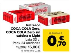 Oferta de Coca-Cola -  Zero Zero Sin Cafeína O Light Lata 33 Cl Pack 24 Unidades  + 2 Latas Appletiser  25 Cl De Regalo por 16,8€ en Carrefour