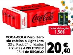 Oferta de Coca-Cola -  Zero Zero Sin Cafeína O Light Lata 33 Cl Pack 24 Unidades  + 2 Latas Appletiser  25 Cl De Regalo por 20,4€ en Carrefour