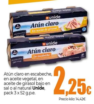 Oferta de Unide - Atún Claro En Escabeche, En Aceite Vegetal, En Aceite De Girasol Bajo En Sal O Al Natural por 2,25€ en Unide Supermercados
