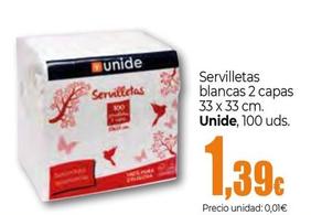 Oferta de Unide - Servilletas Blancas 2 Capas 33 X 33 Cm. por 1,39€ en Unide Supermercados