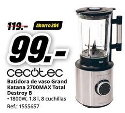 Oferta de Cecotec - Batidora De Vaso Grand Katana 2700MAX Total Destroy B por 99€ en MediaMarkt