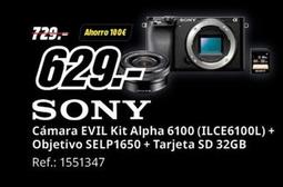 Oferta de Sony - Cámara Evil Kit Alpha 6100 (ILCE6100L) + Objetivo SELP1650 + Tarjeta SD 32GB por 629€ en MediaMarkt
