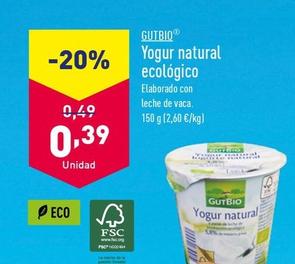 Oferta de Gutbio - Yogur Natural Ecológico por 0,39€ en ALDI