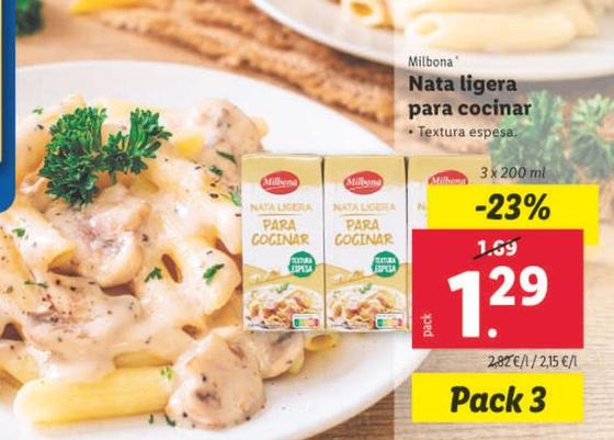 Oferta de Milbona - Nata Ligera Para Cocinar por 1,29€ en Lidl