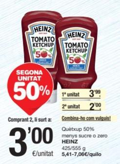 Oferta de Heinz - Quetxup 50% Menys Sucre O Zero por 3,99€ en SPAR Fragadis