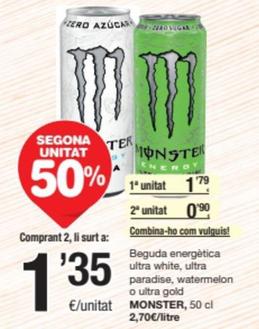 Oferta de Monster - Beguda Energètica Ultra White, Ultra Paradise, Watermelon O Ultra Gold por 1,79€ en SPAR Fragadis