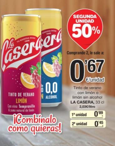 Oferta de La Casera - Tinto De Verano Con Limon O Limon Sin Alcohol por 0,89€ en SPAR Fragadis