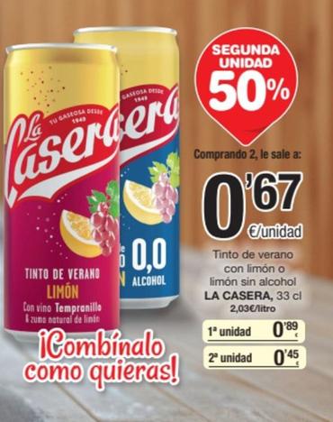 Oferta de La Casera - Tinto De Verano Con Limón O Limón Sin Alcohol por 0,89€ en SPAR Fragadis