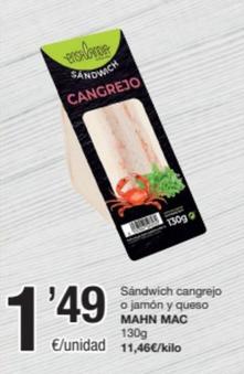 Oferta de Mahn Mac - Sandwich Cangrejo O Jamon Y Queso por 1,49€ en SPAR Fragadis