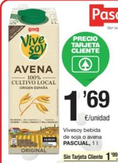 Oferta de Pascual - Vivesoy Bebida De Soja O Avena por 1,69€ en SPAR Fragadis
