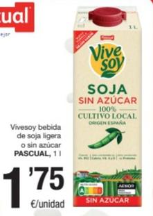 Oferta de Pascual - Vivesoy Bebida De Soja Ligera O Sin Azúcar por 1,75€ en SPAR Fragadis