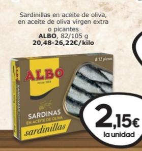 Oferta de Albo - Sardinillas En Aceite De Oliva, En Aceite De Oliva Virgen Extra O Picantes por 2,15€ en SPAR Fragadis