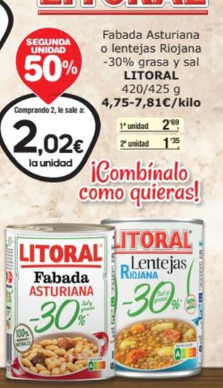 Oferta de Litoral - Fabada Asturiana O Lentejas Riojana -30% Grasa Y Sal por 2,69€ en SPAR Fragadis