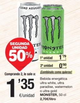Oferta de Monster - Bebida Energética Ultra White, Ultra Paradise, Watermelon O Ultra Gold por 1,79€ en SPAR Fragadis