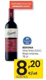 Oferta de Beronia - Vino Tinto D.O.C. Rioja Crianza por 8,2€ en Eroski