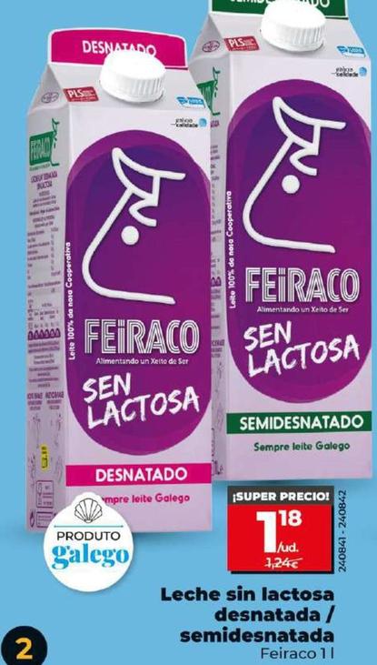 Oferta de Feiraco - Leche Sin Lactosa Desnatada / Semidesnatada por 1,18€ en Dia