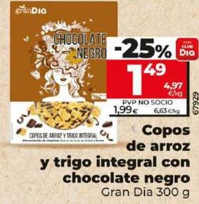 Oferta de Gran Dia Copos De Arroz Y Trigo Integral Con Chocolate Negro por 1,49€ en Dia