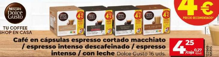 Oferta de Nescafé - Café En Cápsulas Espresso Cortado MacchiatoEspresso Intenso Descafeinado/Espresso Intenso/Con Leche Dolce Gusto por 4,25€ en Dia