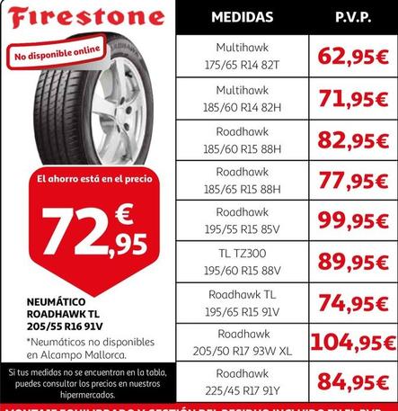 Oferta de Firestone - Neumático ROADHAWK TL 205/55 R16 91V  por 62,95€ en Alcampo