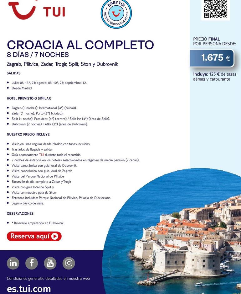 Oferta de Viajes a Croacia por 1675€ en Tui Travel PLC