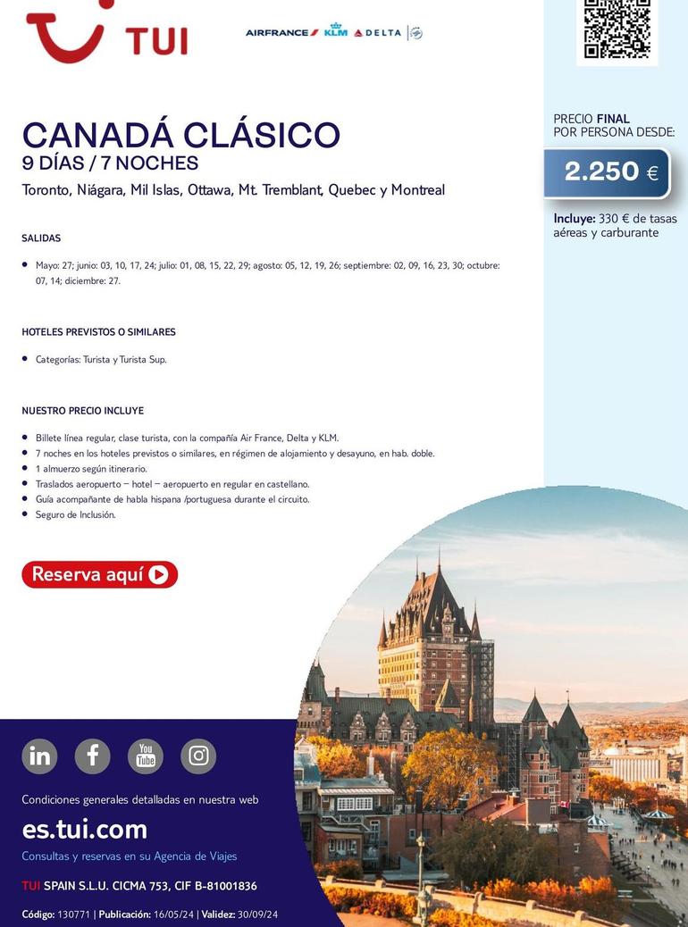 Oferta de Viajes a Canadá por 2250€ en Tui Travel PLC