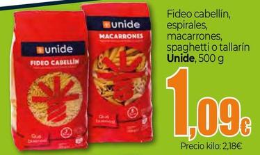 Oferta de Unide - Fideo cabellín por 1,09€ en Unide Supermercados
