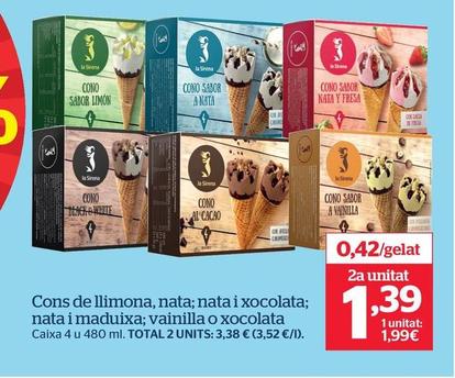 Oferta de Conos De Limon , Nata , Nata Y Chocolate , Nata Y Fresa , Vainilla O Chocolate  por 1,99€ en La Sirena