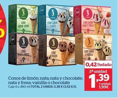 Oferta de Conos De Limon , Nata , Nata Y Chocolate , Nata Y Fresa , Vainilla O Chocolate  por 1,99€ en La Sirena