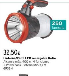Oferta de Ratio - Linterna/Farol LED Recargable por 32,5€ en Cadena88