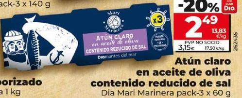 Oferta de Dia Mari Marinera - Atún Claro En Aceite De Oliva Contenido Reducido De Sal por 2,49€ en Dia