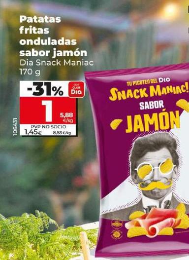 Oferta de Dia Snack Maniac - Patatas Fritas Onduladas Sabor Jamon por 1€ en Dia