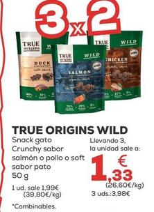 Oferta de True Origins - Wild Snack Gato Crunchy Sabor Salmón O Pollo O Soft Sabor Pato por 1,99€ en Kiwoko